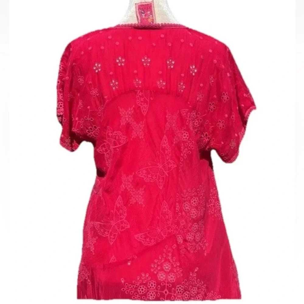 John Was Embroidered Butterfly Fuchsia PinkEyelet Short Sleeve Tunic Top Dress - Picture 5 of 10